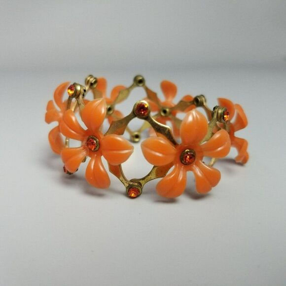 Vintage Orange Plastic Flower Rhinestone Expansion Stretch Bangle Bracelet Retro - Picture 8 of 9
